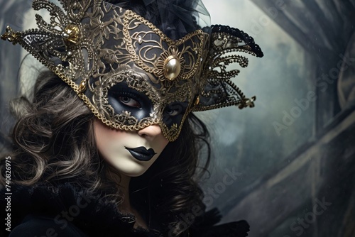 Banner woman in black mask with gold decorations. Carnival outfits, masks and decorations.