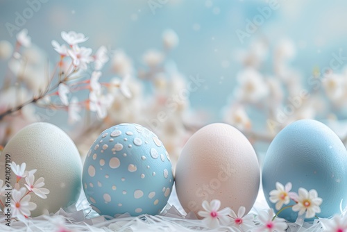 Easter poster and banner template with decorated eggs and spring blossoms on a blue and pink background. Front view. Layout design for invitation, card, menu, flyer, banner, poster, voucher.