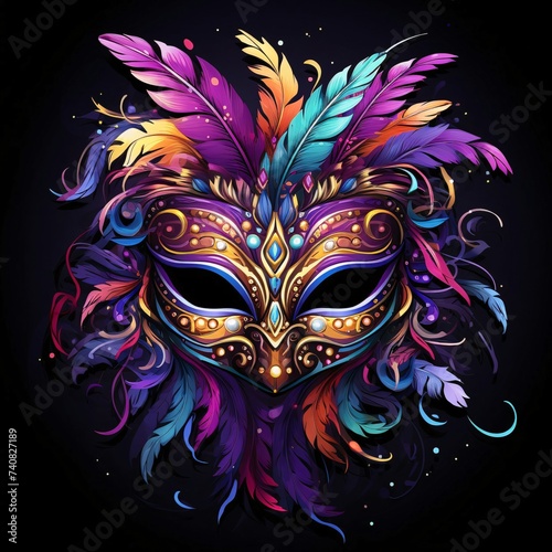 Gold eye mask with colorful decorations and feathers on a dark background. Carnival outfits, masks and decorations.