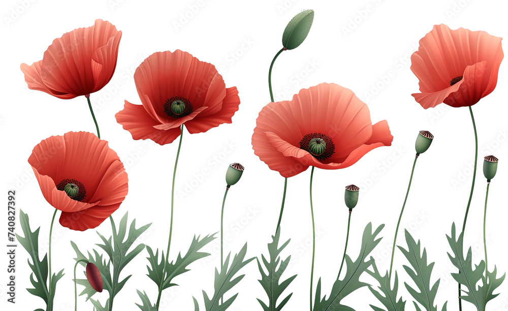 Obraz premium Red Poppy Flowers Isolated on transparent background, png file