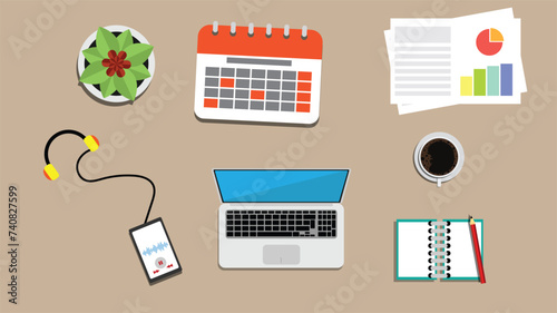 Office Table Top View with Computer and Mobile Phone. Creativity and doing business concept vector