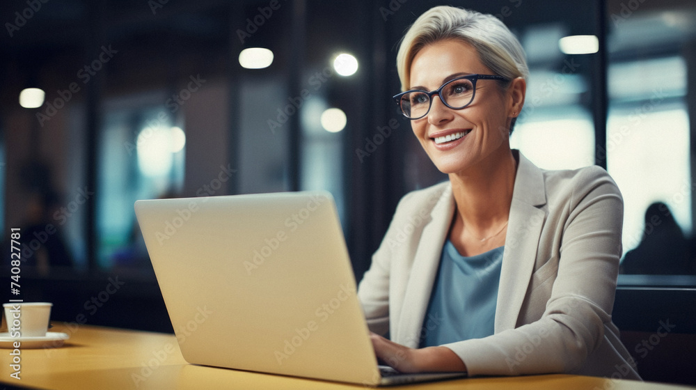 Portrait of smiling businesswoman using laptop while sitting at table in cafe Portrait of smiling businesswoman using laptop while sitting at table in cafe