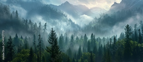 A misty forest with towering mountains in the background, creating a mystical atmosphere. The clouds blend with the sky, painting a beautiful natural landscape with evergreen trees and plants