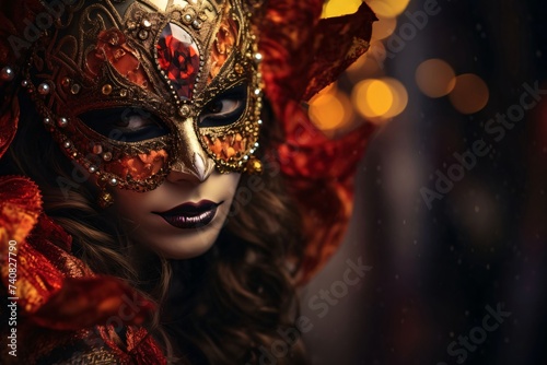 Brown-haired woman in carnival red mask with gold ornaments and red ruby, smudged background with bokech effect. Carnival outfits, masks and decorations.