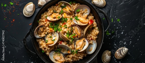 Fresh and delicious seafood concept with a bowl of savory clams and fresh clam shells