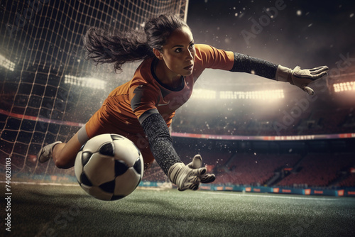 Athletic Female Goalkeeper Defending Goal © MAXSHOT_PL