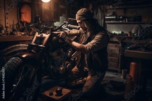 Craftsman Tuning Motorcycle in Garage