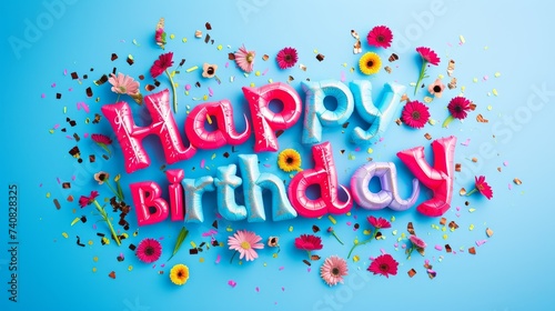 Happy birthday card with colorful flowers and confetti on blue background