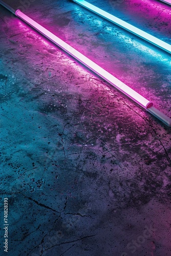 Futuristic Sci-Fi Abstract Blue And Purple Neon Light Shapes On Black Background photo