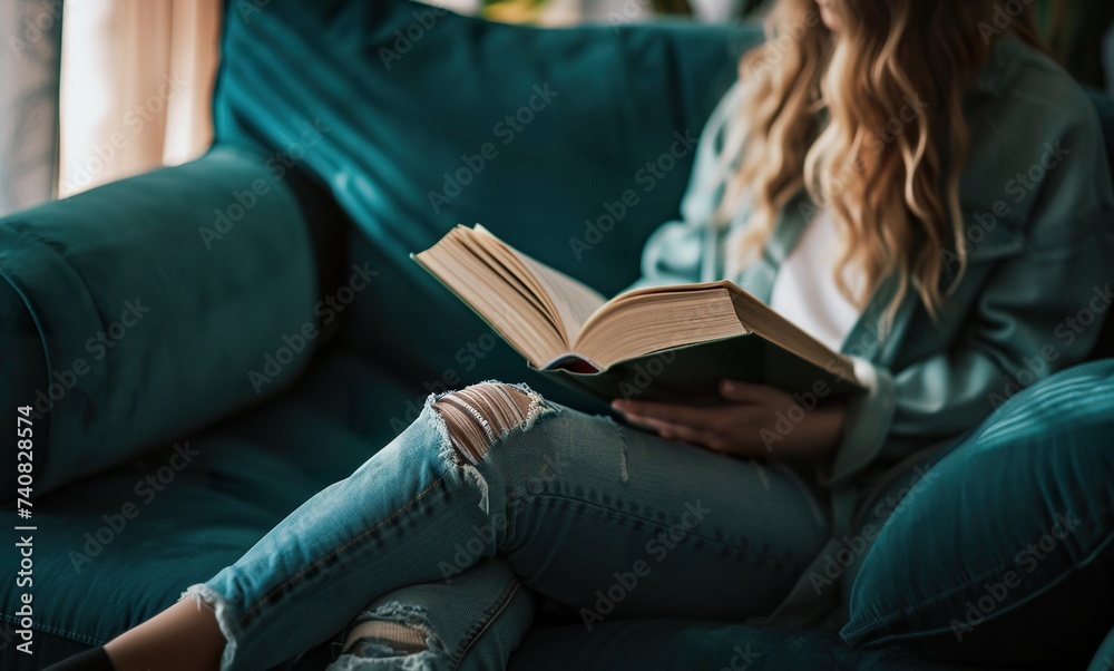 Fototapeta premium relaxed woman reading book sitting in chair in cozy home room