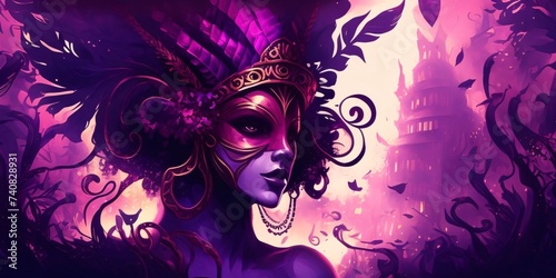 Banner, woman on purple background with gold mask with ornaments, illustration. Carnival outfits, masks and decorations.
