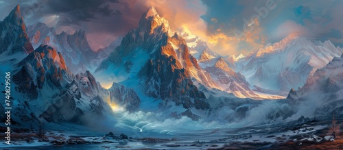 A stunning natural landscape painting featuring a snowy mountain range, a river in the foreground, and fluffy cumulus clouds in the sky