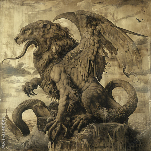 A sea monster with the head of a lion, the body of a snake, and the wings of an eagle