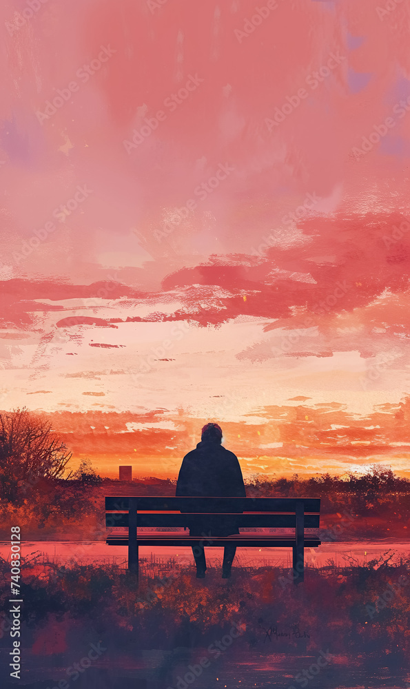 silhouette of serene lonely man sitting on park bench under tree at sunset, tranquility and calmness concept silhouette of serene lonely man sitting on park bench under tree at sunset, tranquility and calmness concept