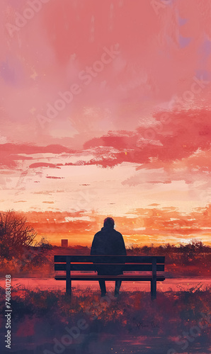silhouette of serene lonely man sitting on park bench under tree at sunset, tranquility and calmness concept