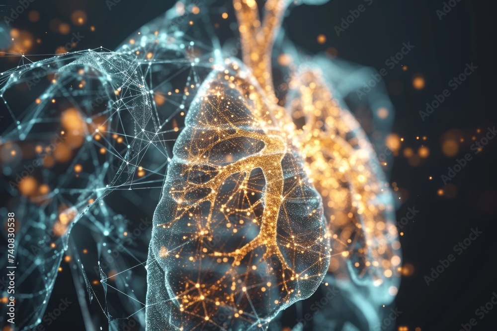Virtual glowing lungs on a transparent image of a torso on a dark background. Concept for studying the human respiratory system. Copy space. - obrazy, fototapety, plakaty 