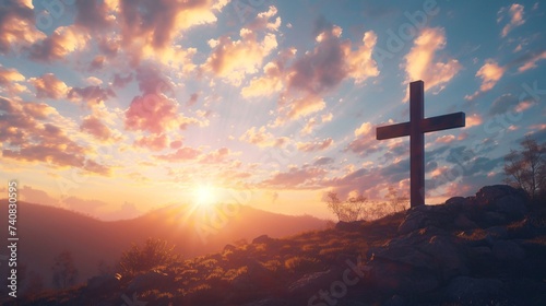 Cross of Jesus set against a sunrise background symbolizing hope and resurrection © Sara_P