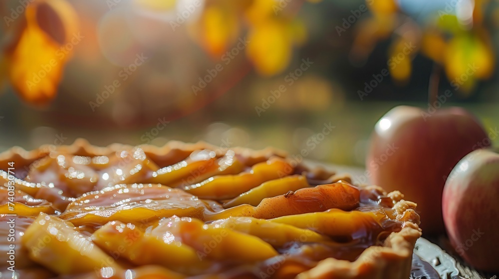 Gros plan sur une tarte tatin avec des pommes dans un jardin » IA générative - obrazy, fototapety, plakaty 