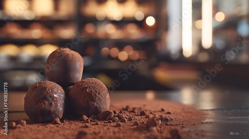 Gros plan sur des truffes au chocolat dans une chocolaterie » IA générative photo