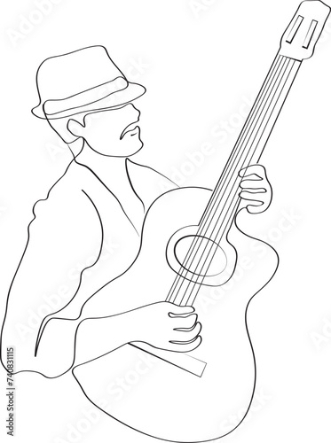 Continuous lines, guitar instruments, instrumental music, simple style, hand drawn illustration