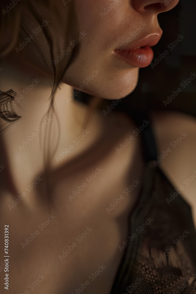 Naklejka premium elegant sensual woman neck and chin closeup shot, femininity and pureness concept, perfect young skin