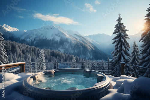 ski resort in the mountains. hot tub with spa near winter forest