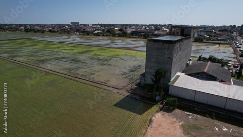 Sekinchan, Malaysia – February 12 2024: Aerial View of Sekinchan Village and Rice Fields