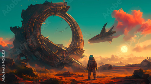 Astronaut Discovers Derelict Spaceship on Red Planet , Lone Astronaut on Crimson Sky Planet with Derelict Spaceship, Sci-fi fantasy scenery, digital painting illustration