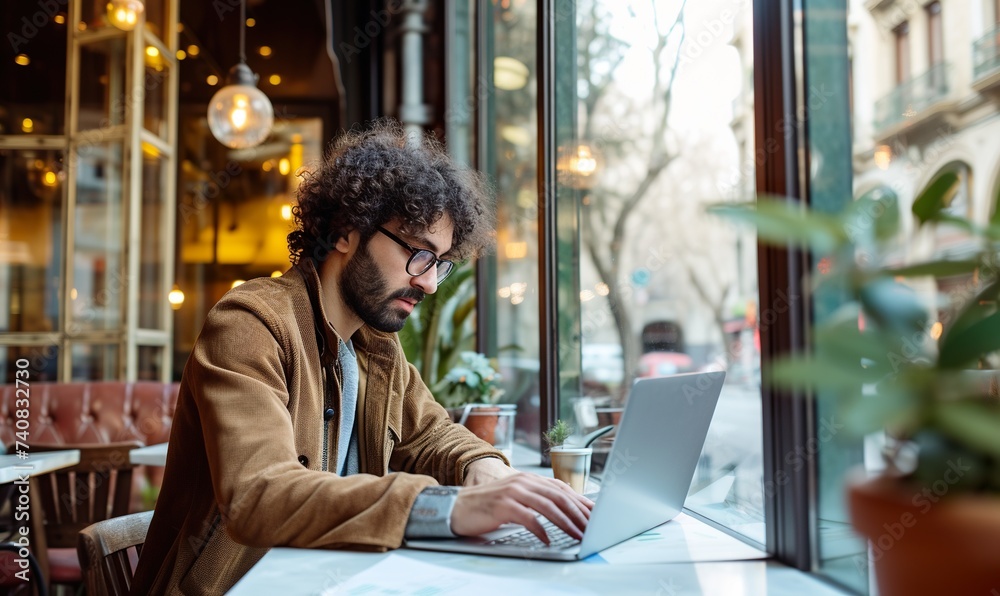 young casual man working with laptop in cafe, handsome person study remote in cafeteria, freelance job concept young casual man working with laptop in cafe, handsome person study remote in cafeteria, freelance job concept