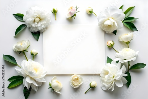 Template design with white peonies and white background with copy space. Classic white peony, ivory rose flowers for wedding invitation. Central negative space within banner. Generative AI © Ann