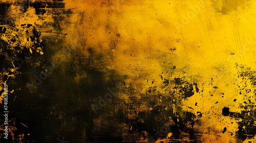 Abstract yellow grunge background with black paint.