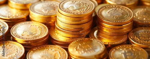 Stack of golden coins on white background with earning profit concept