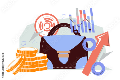 Investment portfolio in the stock market to promote financial growth. Stocks, bonds and other financial investments instruments concept of banner, flat vector illustration isolated on white.