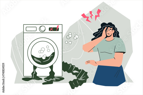 Washing machine up and running with expert repair and maintenance services for appliances at home. Washing machine service banner backdrop, flat vector illustration isolated on white.