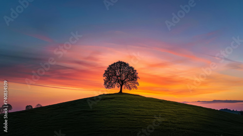 A single tree stands atop a green hill against a vibrant sunset sky with hues of orange and pink.