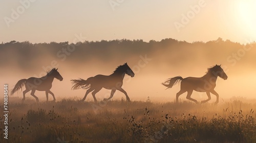 Three horses gallop freely ...