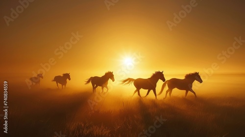 Silhouetted horses run thro...