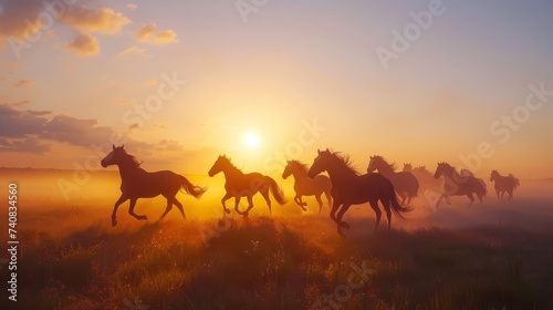 A dynamic scene of a herd of horses galloping through a misty field with the warm glow of sunrise in the background.