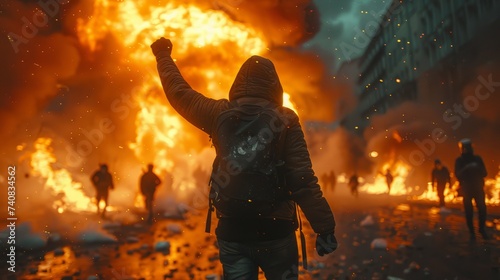 An intense and chaotic scene of civil unrest as a large group of rioters and protesters cause destruction and set fires in the city streets, creating a dangerous and volatile situation photo