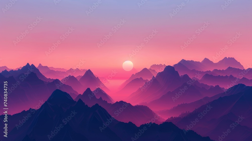 A serene sunrise unveils, with the sun casting a soft pink and purple glow over the multiple layers of mountain peaks.