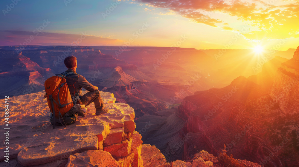 Obraz premium A traveler sits on the edge of a canyon, taking in the stunning view of the sunset that bathes the vast landscape in a warm light.