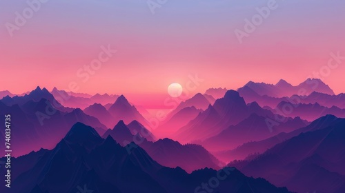 A serene sunrise unveils, with the sun casting a soft pink and purple glow over the multiple layers of mountain peaks.