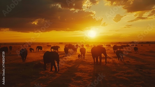 A herd of elephants roams across the savannah under a striking sunset  with the vibrant colors of the sky casting a warm glow over the landscape.