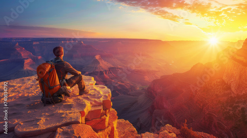 A traveler sits on the edge of a canyon, taking in the stunning view of the sunset that bathes the vast landscape in a warm light.