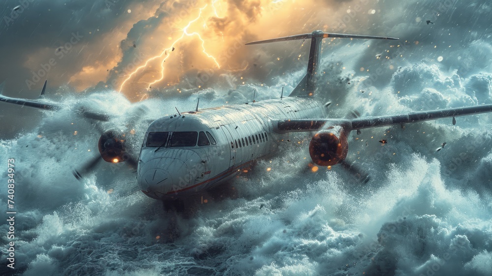 Experience the tragic sight as a commercial airplane nosedives into the stormy waters amidst a fierce storm, revealing the aftermath of an aviation tragedy. - obrazy, fototapety, plakaty 