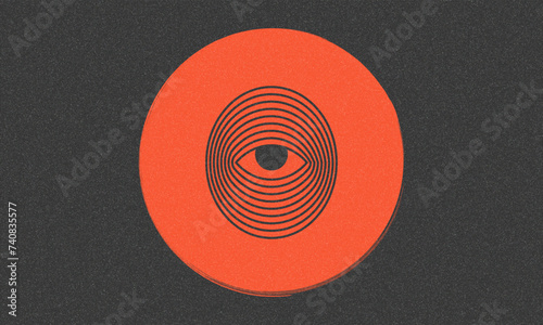 Brutalist style vector minimalistic grainy texture poster background. Neo brutalism print with eye on red hand drawn circle. Vector illustration