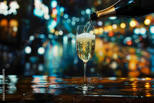 Pouring Champagne into the Champagne glass on the wooden table against blur night life background 