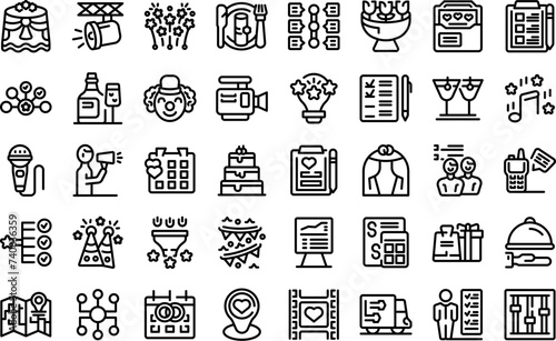 Event planning coordination icons set outline vector. Agency party. Service coordinator