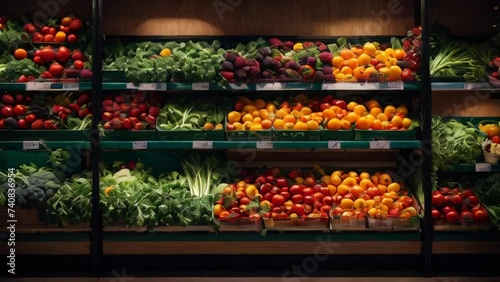 Various vegetables and fruits on a shelf in a supermarket