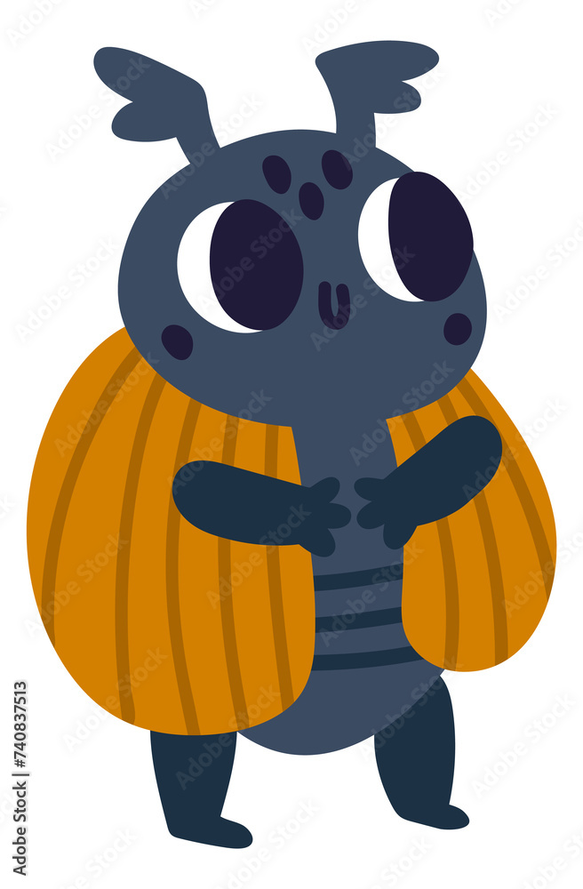 Cute horned beetle. Funny bug character standing
